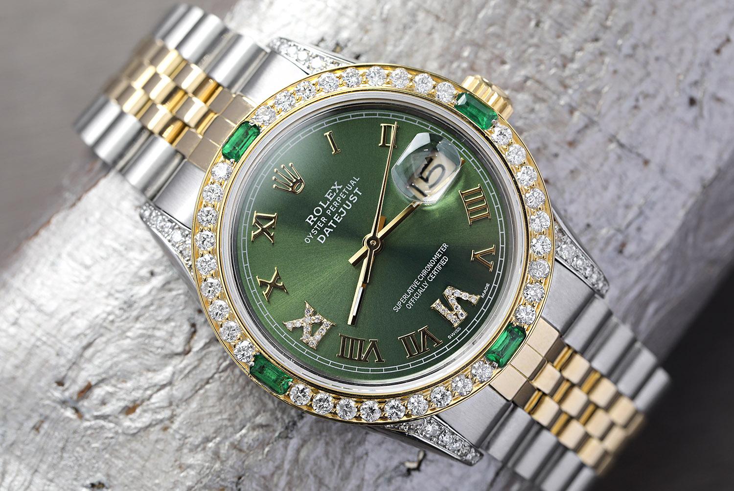 Rolex 36mm Datejust grünes Zifferblatt mit Diamanten, Diamanten / Smaragde Lünette zwei Tone Watch Jubilee Band
