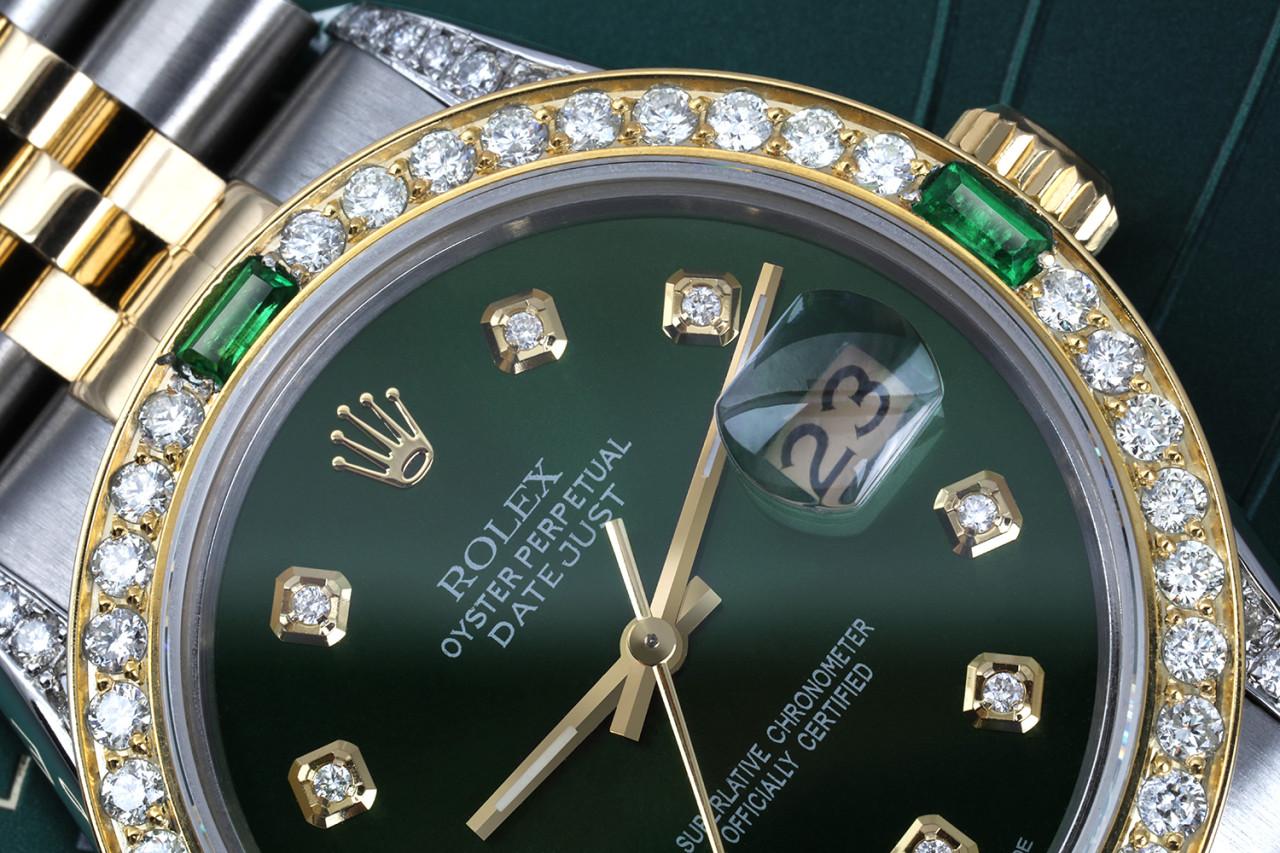 Rolex Datejust 36 mm Cadran vert avec émeraudes et diamants Montre bicolore Bande jubilé 16013
