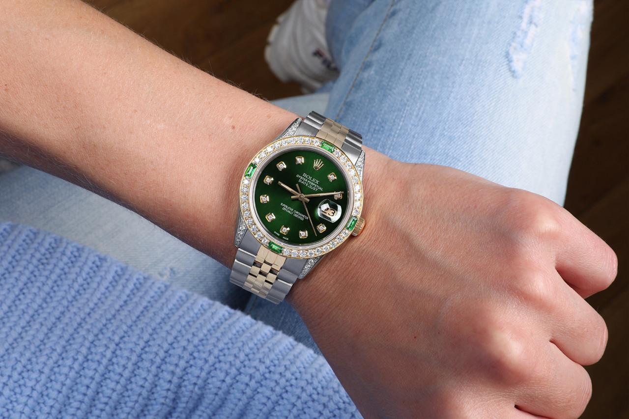 Emerald Cut Rolex Datejust Green Dial with Emeralds & Diamonds Two Tone Jubilee Watch For Sale