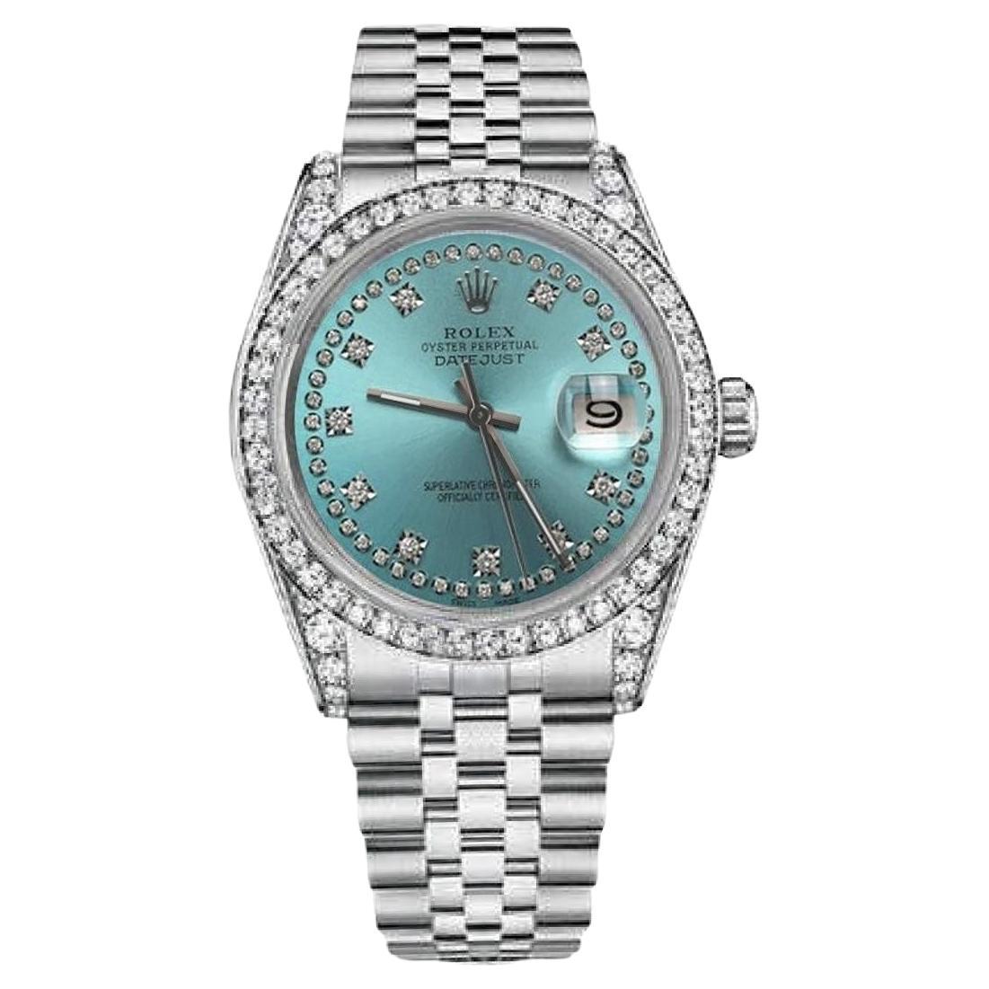 Rolex Montre Datejust bleu glace à deux rangées de diamants avec cadran, excellente d'occasion