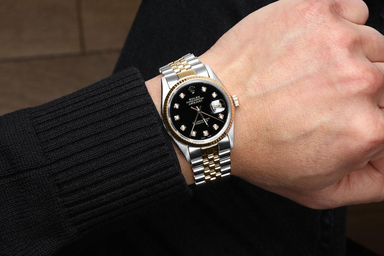 Rolex Datejust Jubilee Esfera Diamante Negro Bisel Acanalado Oro Amarillo 18k en venta 4