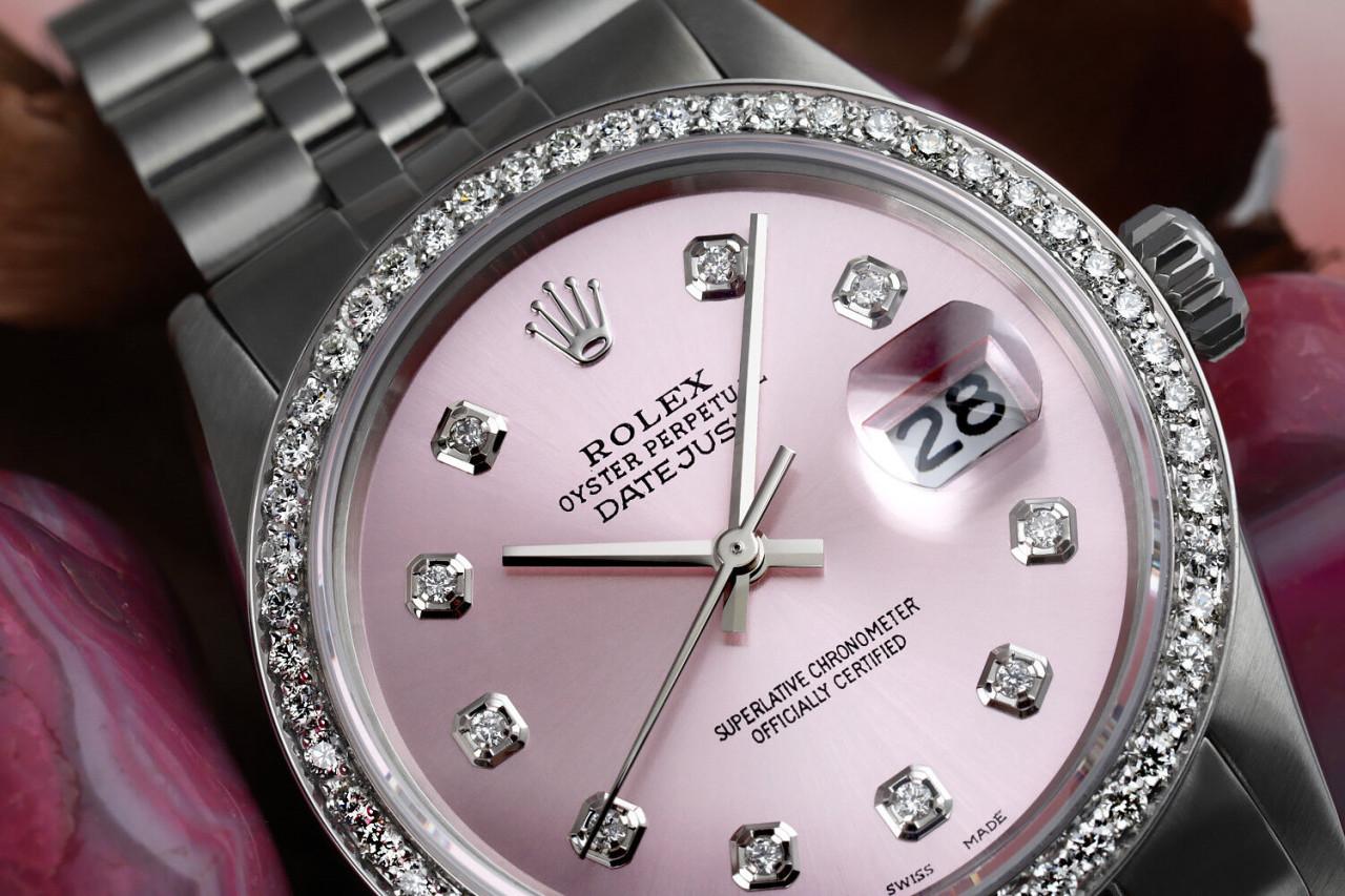 Rolex 36mm Datejust Metallic Pink Face with Round Diamond Numbers & Diamond Bezel Jubilee Band 16030

