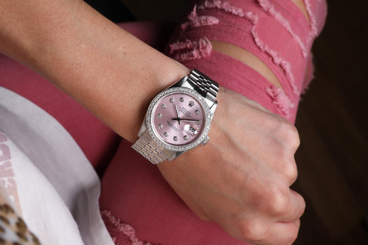 Men's Rolex Datejust Metallic Pink Face Round Diamond Numbers & Diamond Bezel For Sale