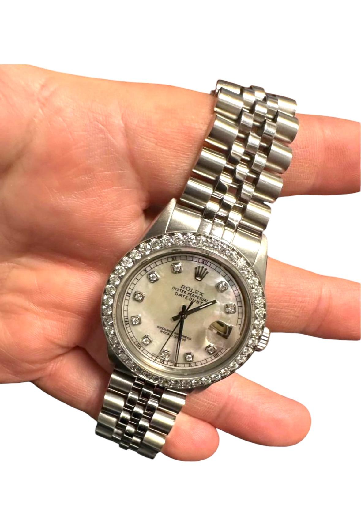 Rolex 36mm DateJust Nacre Lunette diamant Bracelet Jubilé 1601 en vente 4