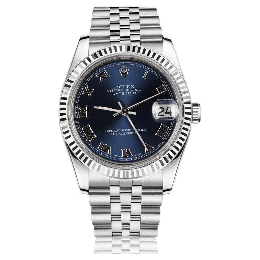 Rolex Datejust Navy Blue Roman Numeral Dial Oyster Perpetual Model 16014 For Sale