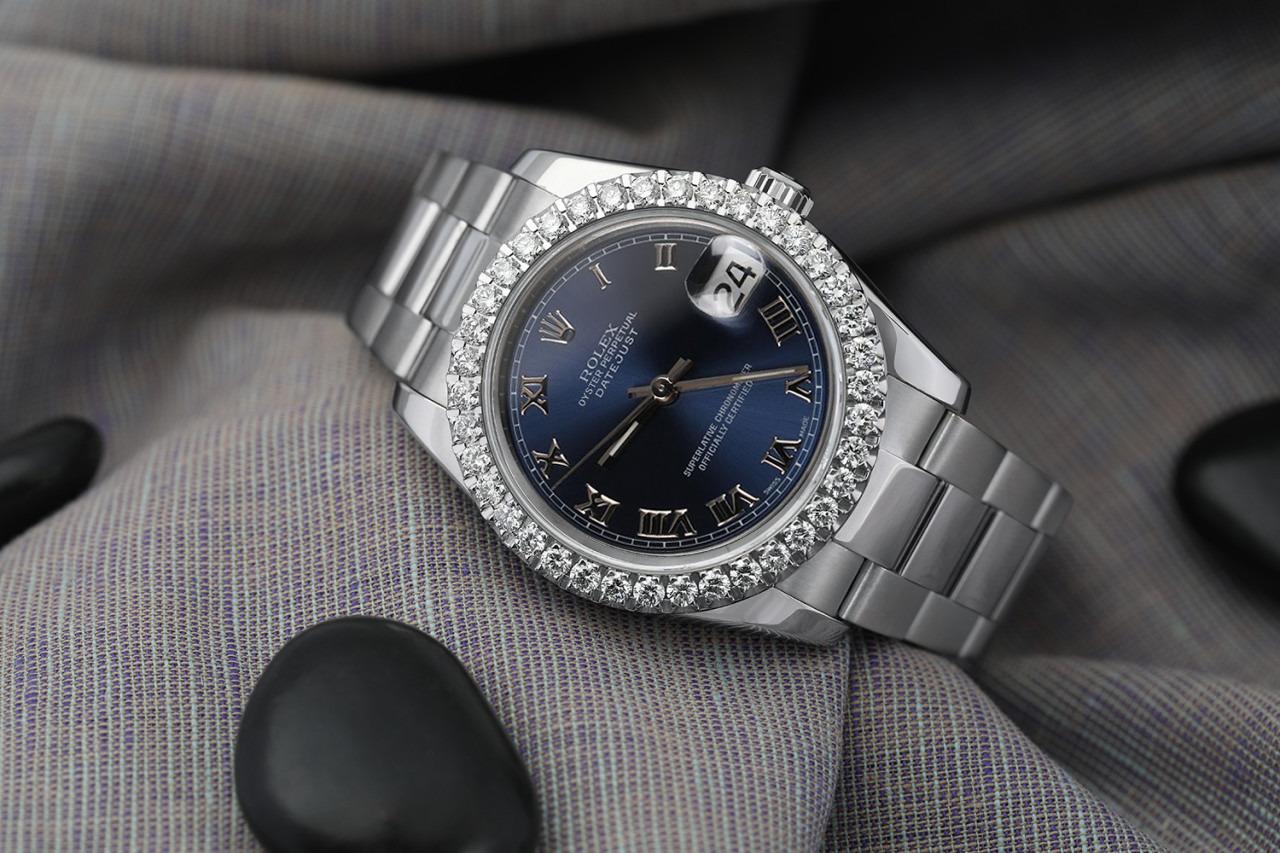 Rolex 36mm Datejust New Style Custom Diamond Bezel Blue Roman Dial Oyster 116234
