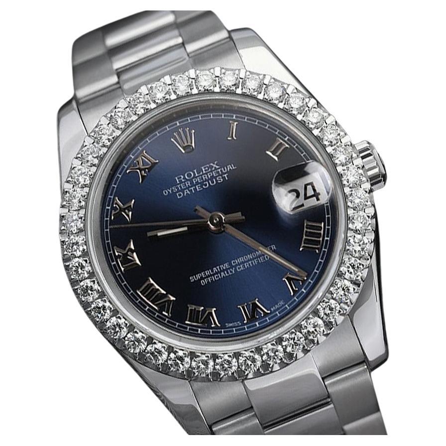 Rolex Montre Datejust 36 mm avec lunette en diamants et cadran romain bleu, style neuf, 116234