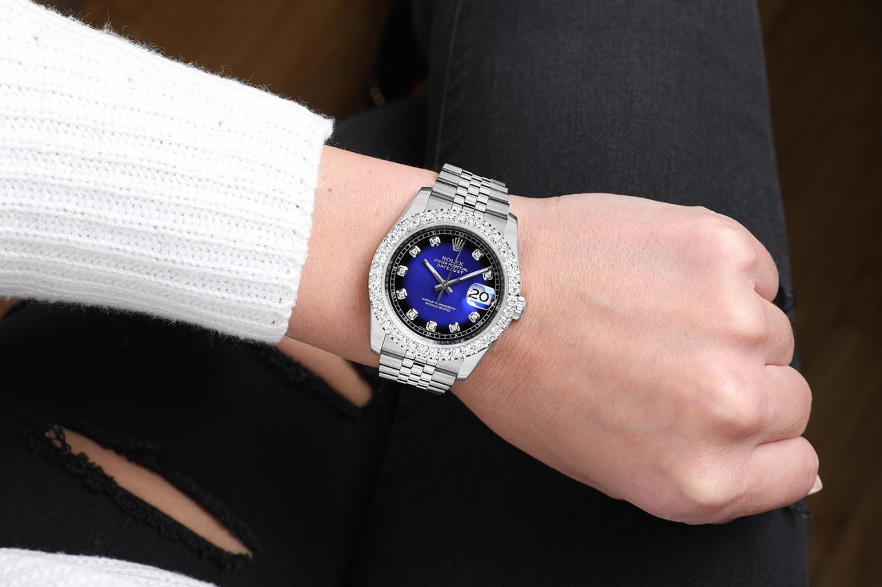 Rolex Montre Datejust New Style personnalisée avec lunette en diamants, cadran bleu Vignette en diamants en vente 1