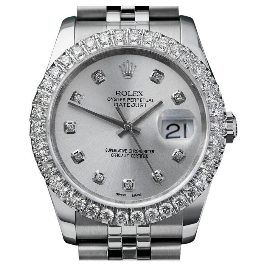 Rolex Montre Datejust New Style personnalisée avec lunette en diamant, cadran en argent et diamants 116234 en vente