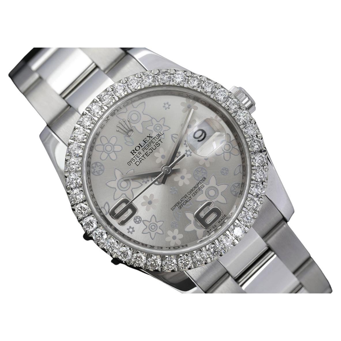Rolex Datejust New Style Custom Diamond Bezel, Silver Flower Dial 116200 For Sale