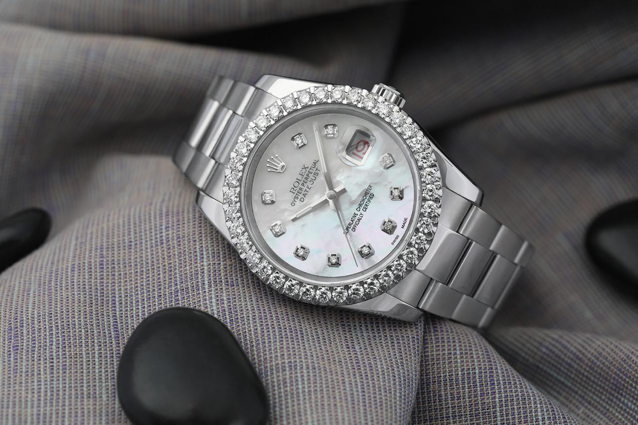 Round Cut Rolex Datejust New Style Custom Diamond Bezel, White Mother of Pearl Dial For Sale