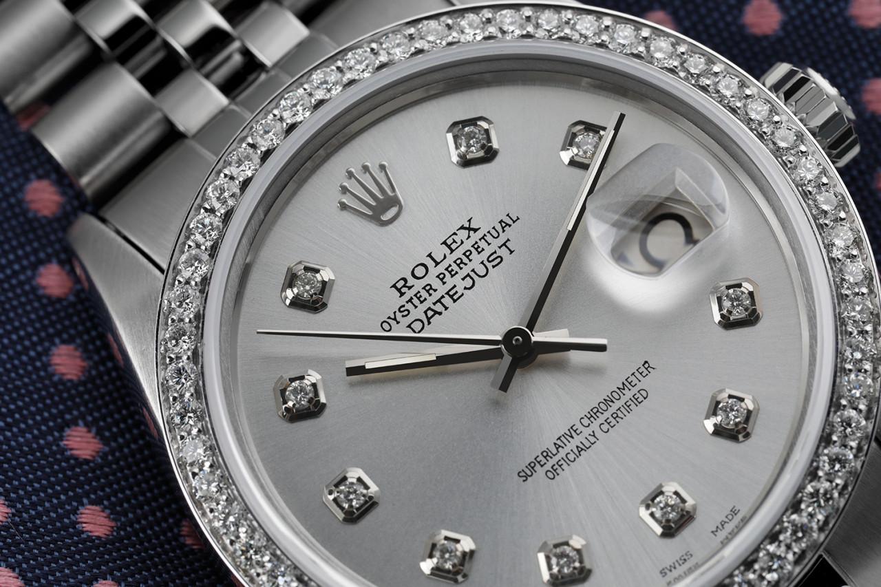 Rolex 36mm Datejust Silver & Diamond Face Diamond Bezel Oyster Perpetual Automatic Watch 16030.
This watch is in like new condition. It has been polished, serviced and has no visible scratches or blemishes. All our watches come with a standard 1