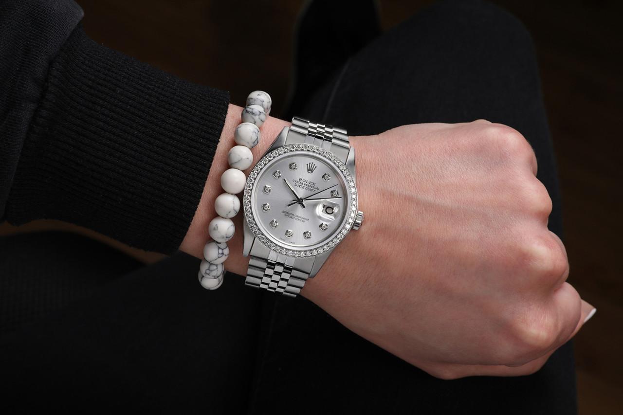 Men's Rolex 36mm Datejust Oyster Perpetual Silver & Diamond Face Diamond Bezel Watch For Sale
