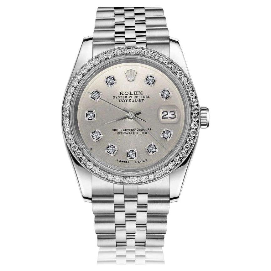 Rolex 36mm Datejust Oyster Perpetual Silver & Diamond Face Diamond Bezel Watch For Sale