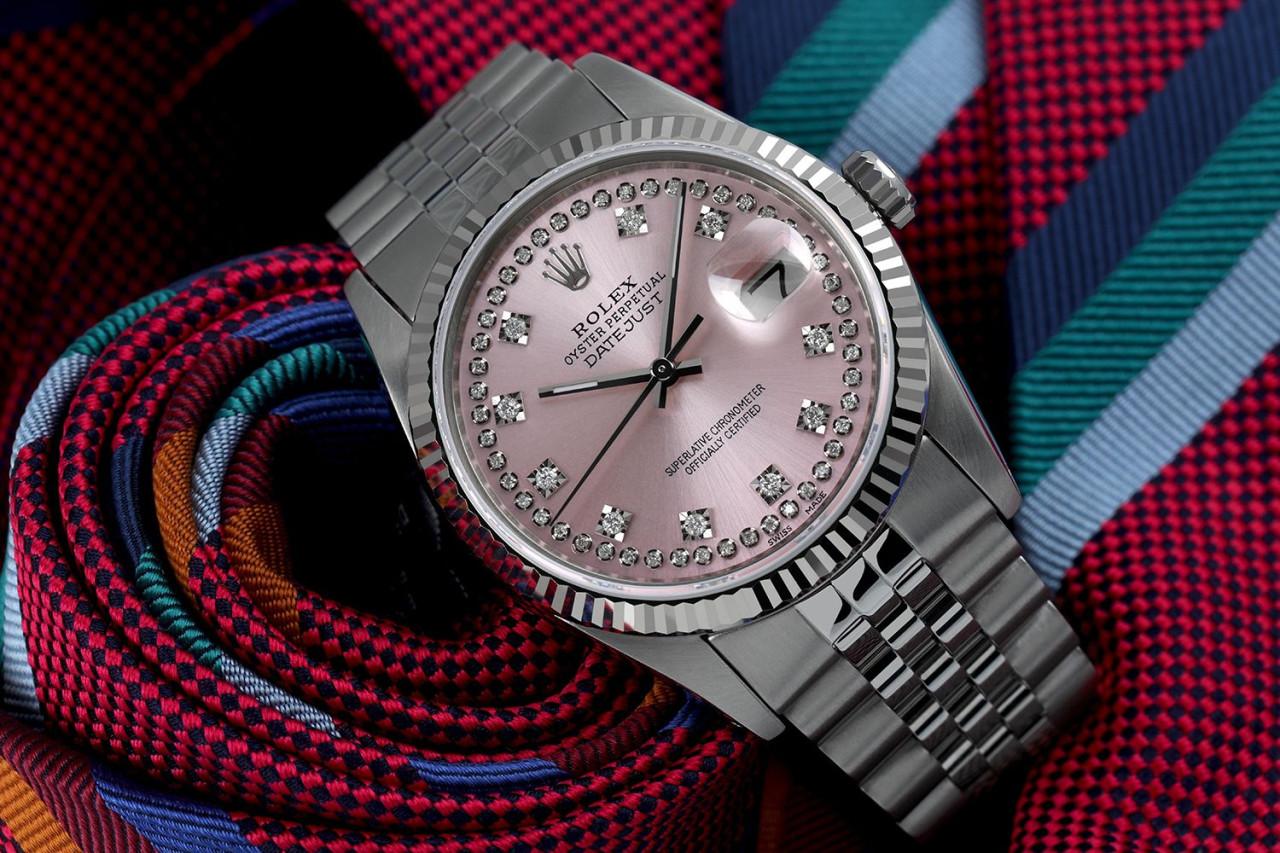 Rolex Montre Datejust à cadran rose avec numéros ronds de diamants Oyster Perpetual 16014 Pour hommes en vente