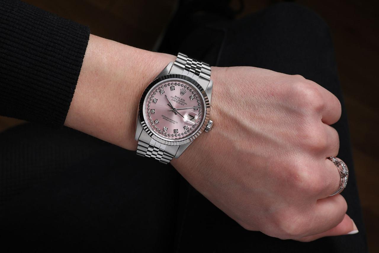 Rolex Montre Datejust à cadran rose avec numéros ronds de diamants Oyster Perpetual 16014 en vente 3