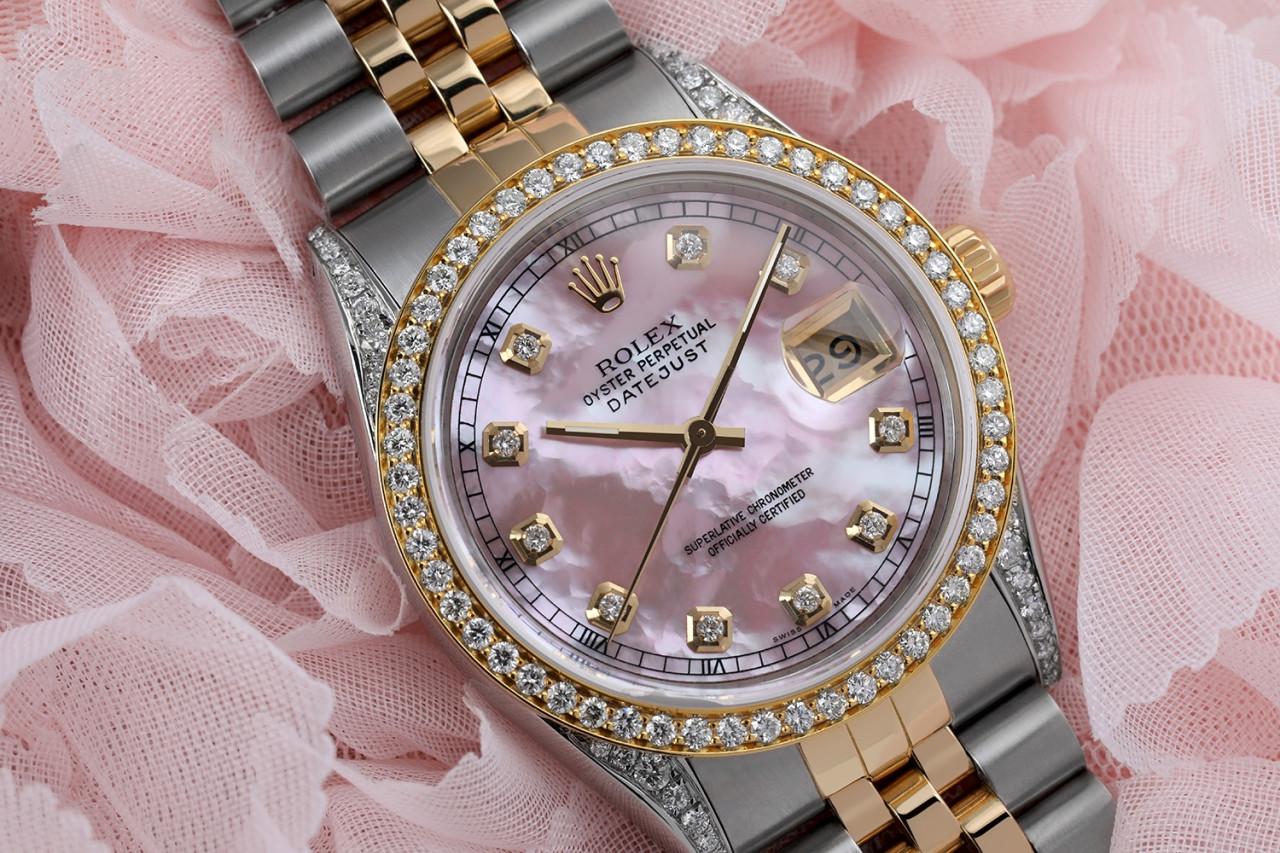 Round Cut Rolex Datejust Pink MOPl Dial with Diamond Markers Diamond Bezel & Lugs For Sale