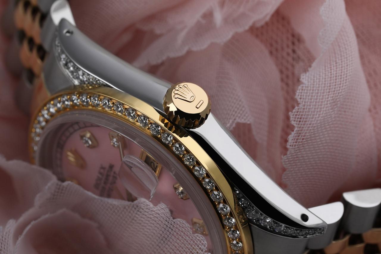 Rolex Montre Datejust rose avec index et lunettes en diamants Excellent état - En vente à New York, NY