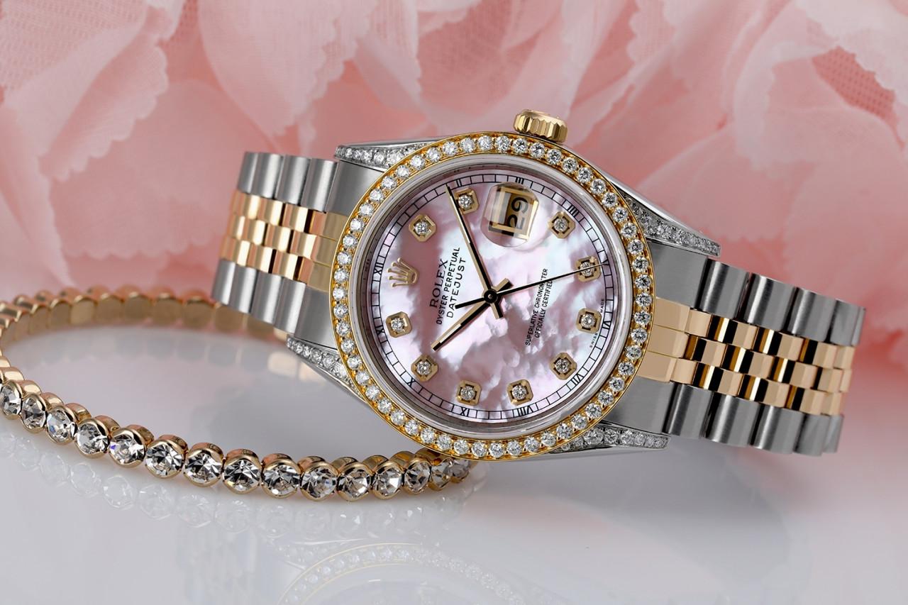 Men's Rolex Datejust Pink MOPl Dial with Diamond Markers Diamond Bezel & Lugs For Sale