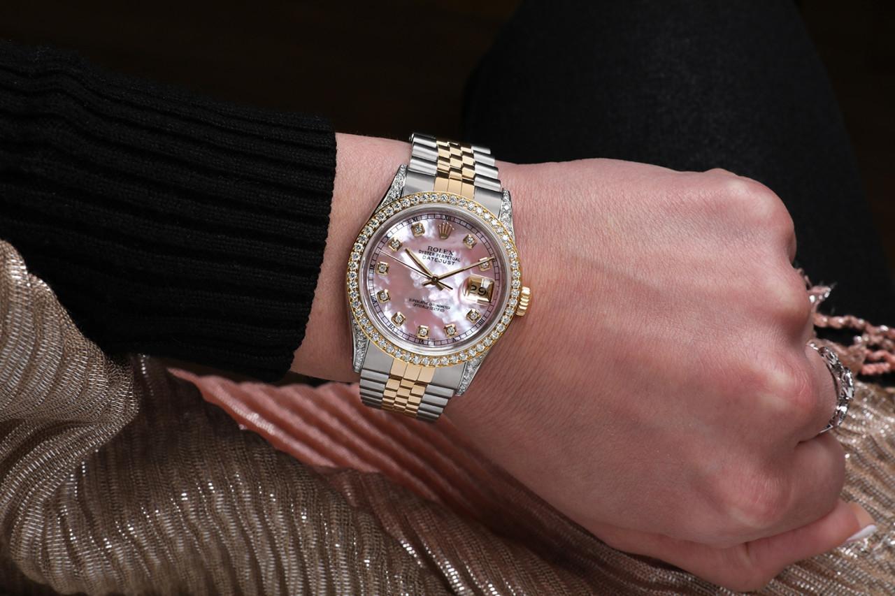 Rolex Datejust Pink MOPl Dial with Diamond Markers Diamond Bezel & Lugs For Sale 3