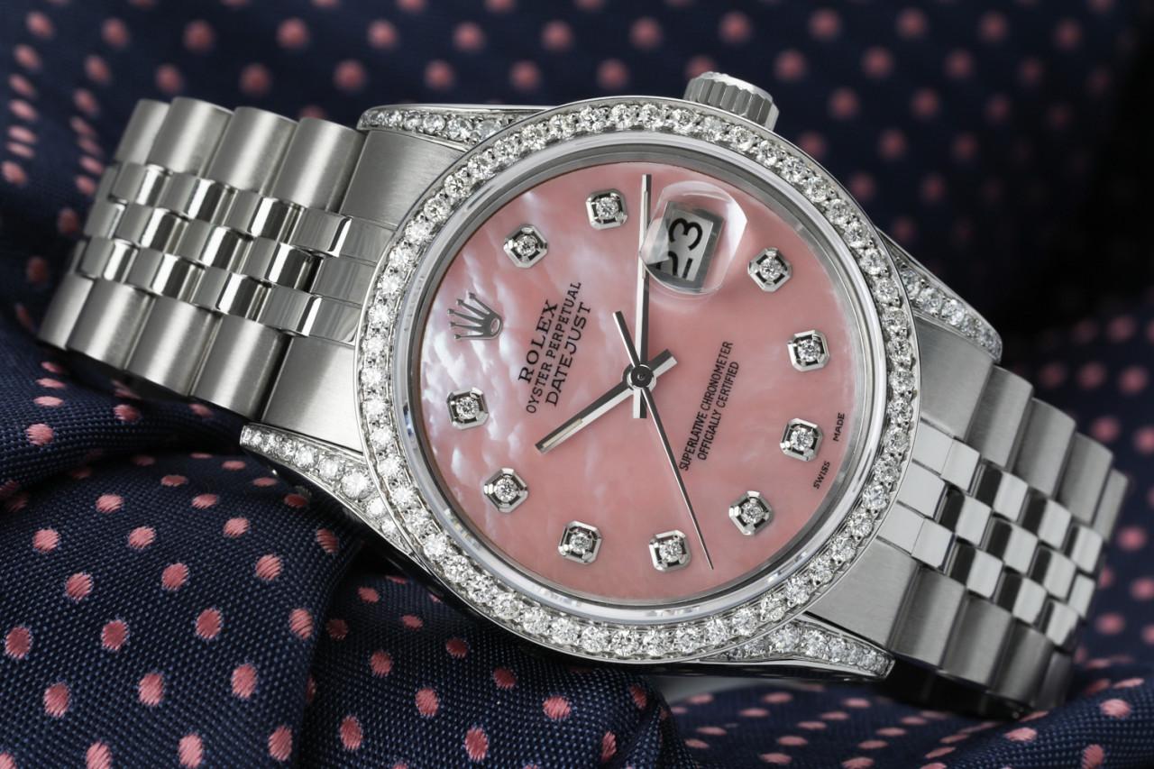 Round Cut Rolex Datejust Pink Mother of Pearl Dial Custom Set Diamond Bezel & Lugs Watch For Sale