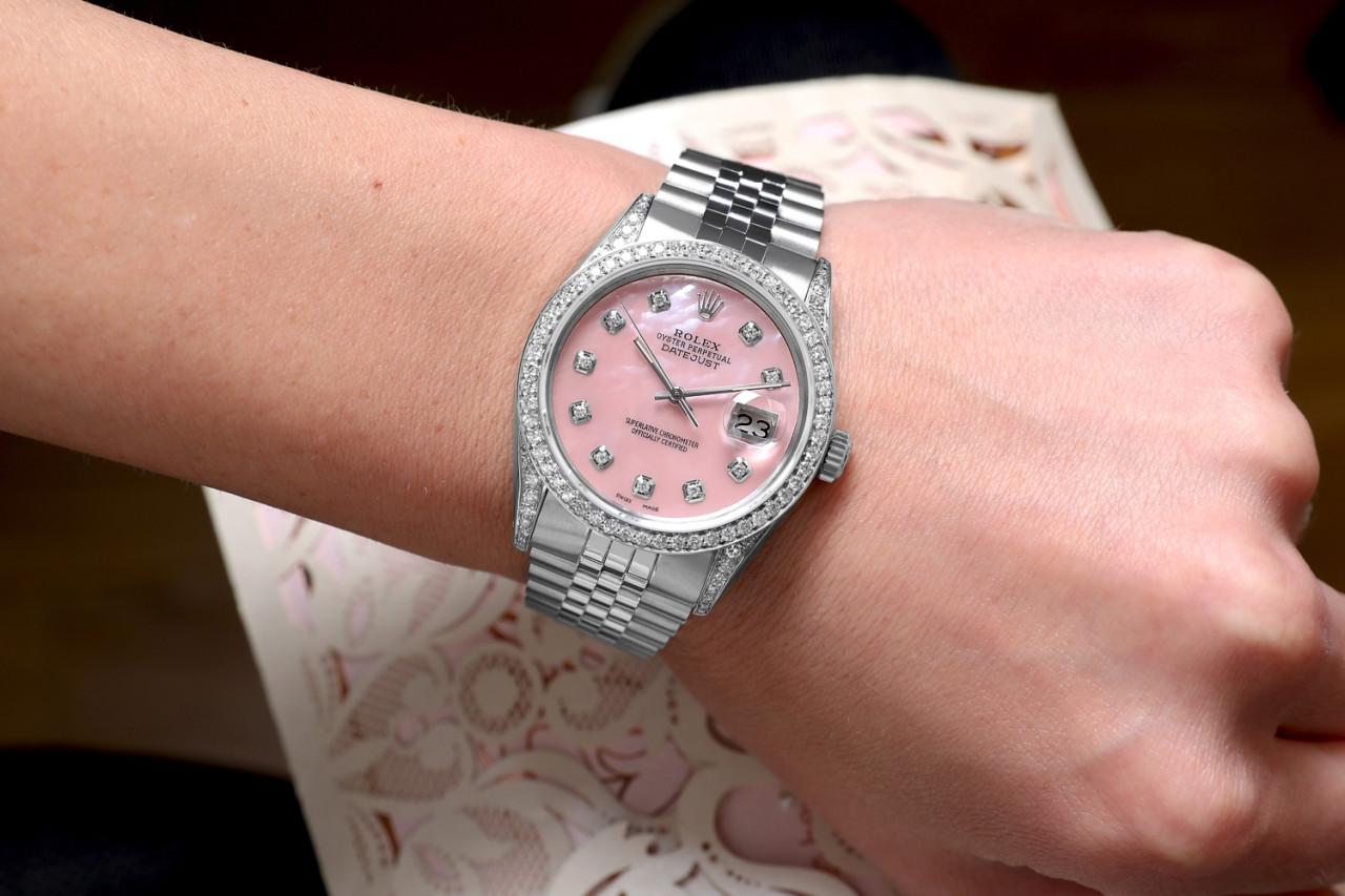 Rolex Datejust Pink Mother of Pearl Dial Custom Set Diamond Bezel & Lugs Watch For Sale 1