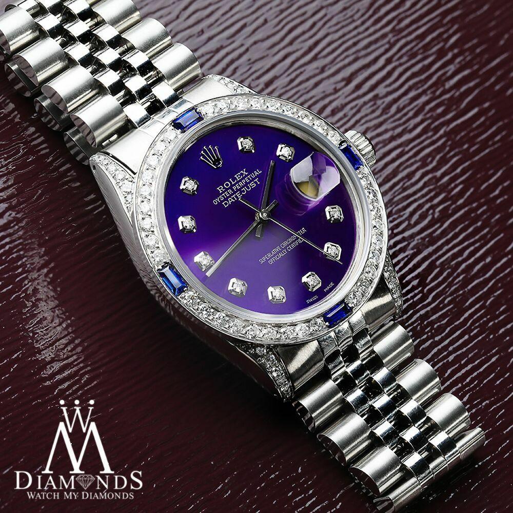 Rolex 36mm Datejust Purple Diamond Dial with Blue Sapphire & Diamond Bezel Automatic Watch 16014

