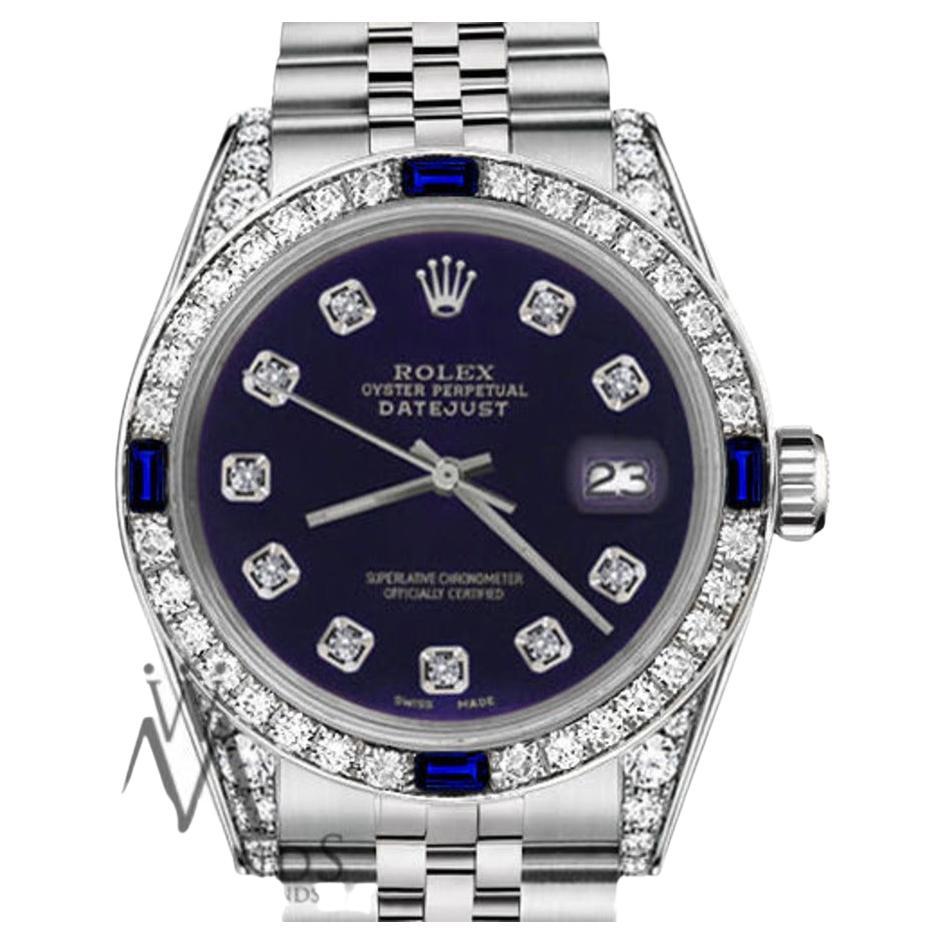 Rolex 36mm Datejust Purple Diamond Dial with Blue Sapphire & Diamond Bezel Watch For Sale