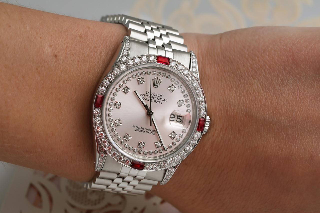 Rolex 36mm Datejust Ruby & Diamond Bezel with Pink Two Row Diamond Dial Watch For Sale 5