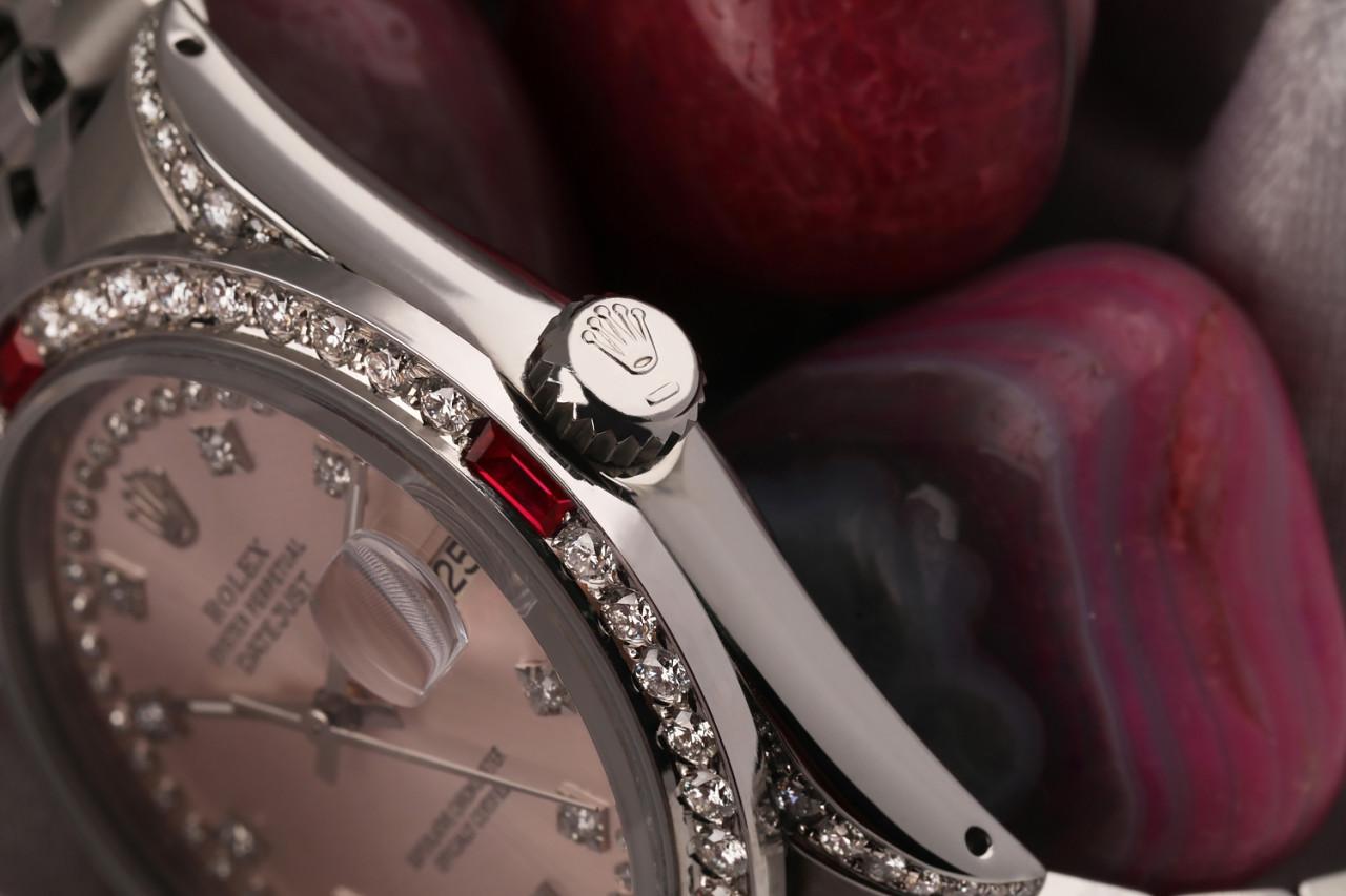 Round Cut Rolex 36mm Datejust Ruby & Diamond Bezel with Pink Two Row Diamond Dial Watch For Sale