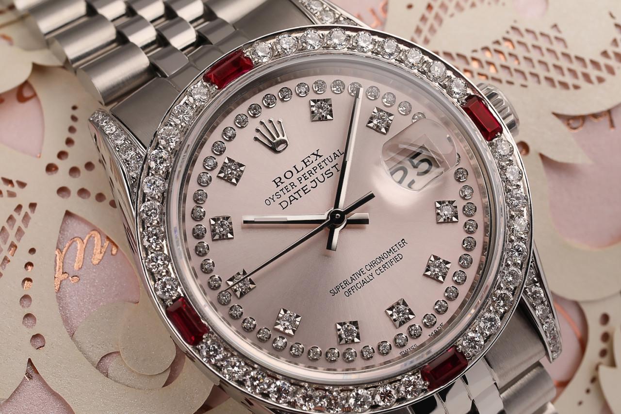 Rolex 36mm Datejust Ruby & Diamond Bezel with Pink Two Row Diamond Dial Watch In Excellent Condition For Sale In New York, NY