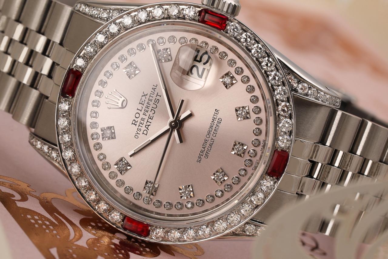 Men's Rolex 36mm Datejust Ruby & Diamond Bezel with Pink Two Row Diamond Dial Watch For Sale