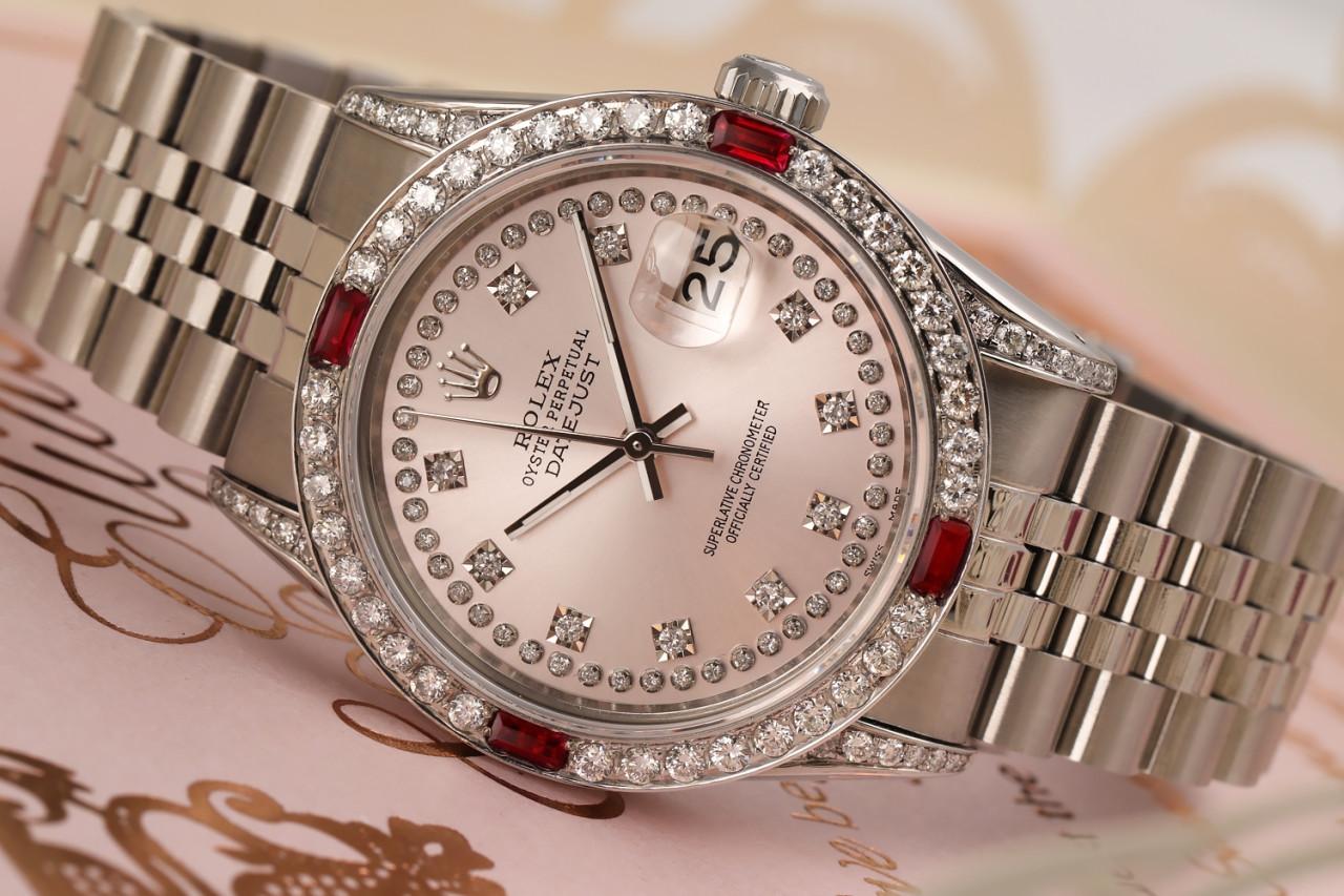 Rolex 36mm Datejust Ruby & Diamond Bezel with Pink Two Row Diamond Dial Watch For Sale 1