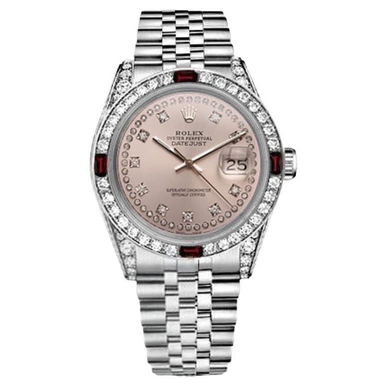 Rolex 36mm Datejust Ruby & Diamond Bezel with Pink Two Row Diamond Dial Watch For Sale