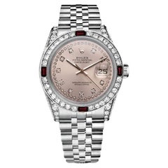 Retro Rolex 36mm Datejust Ruby & Diamond Bezel with Pink Two Row Diamond Dial Watch