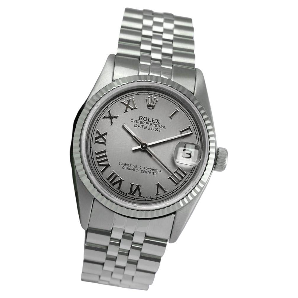 Rolex 36mm Datejust S/S Graue Stahl-Armbanduhr mit römischem Zifferblatt und Faltschnalle