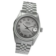 Rolex 36mm Datejust S/S Grey Roman Dial Deployment Buckle Steel Wrist Watch