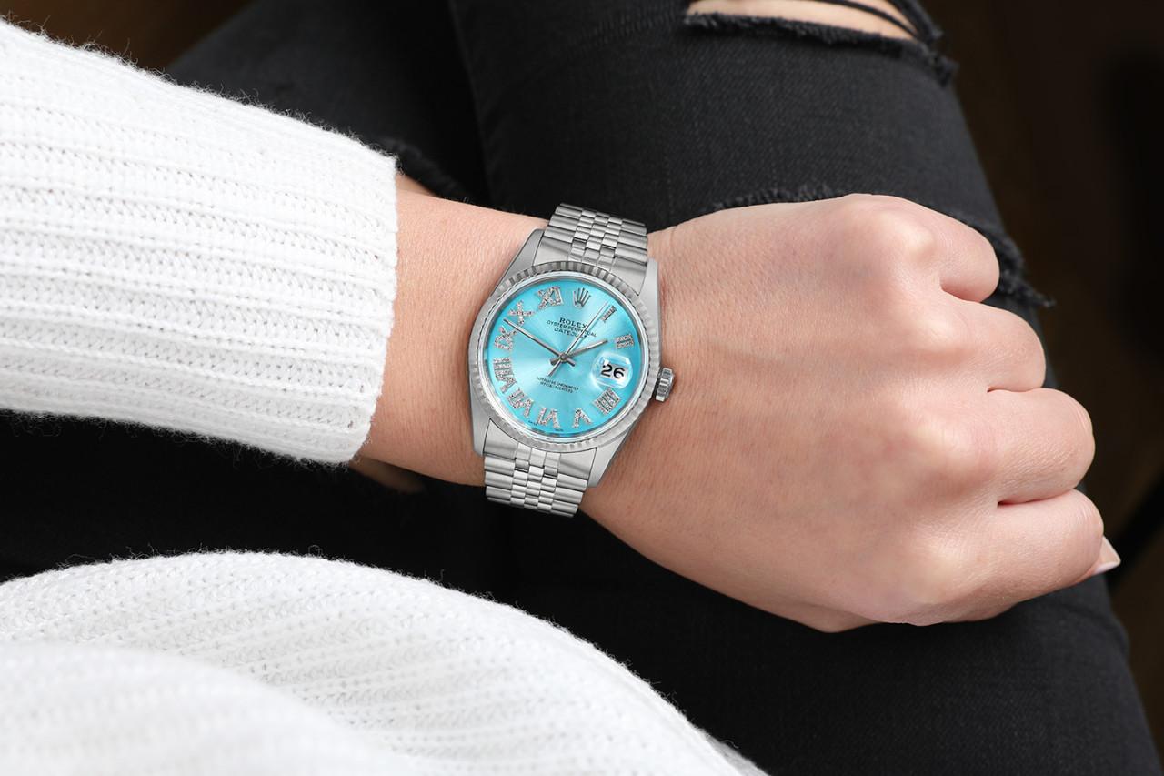 Round Cut Rolex 36mm Datejust S/S Ice Blue Dial Diamond Roman Numerals Jubilee Band 16014 For Sale