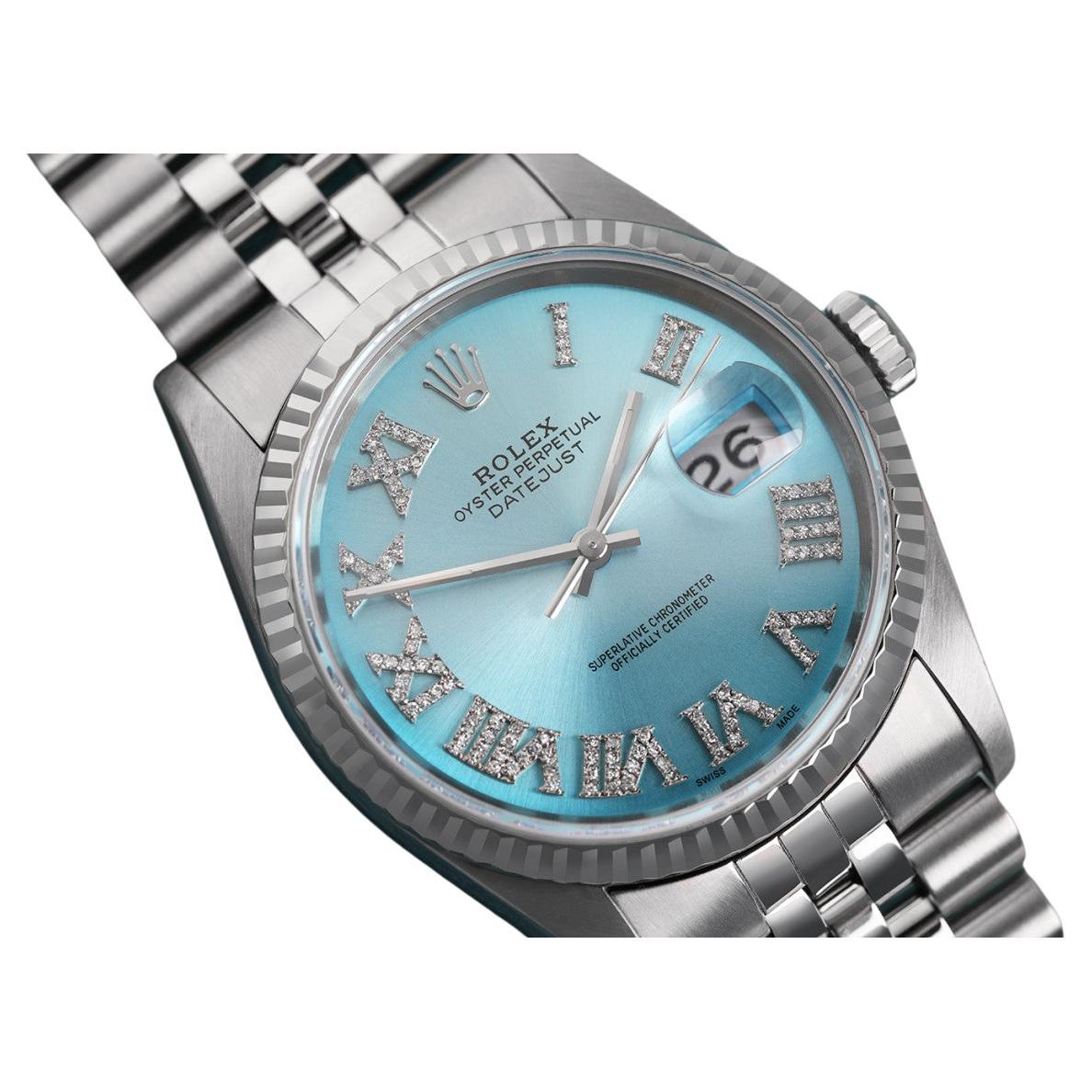 Rolex 36mm Datejust S/S Ice Blue Dial Diamond Roman Numerals Jubilee Band 16014