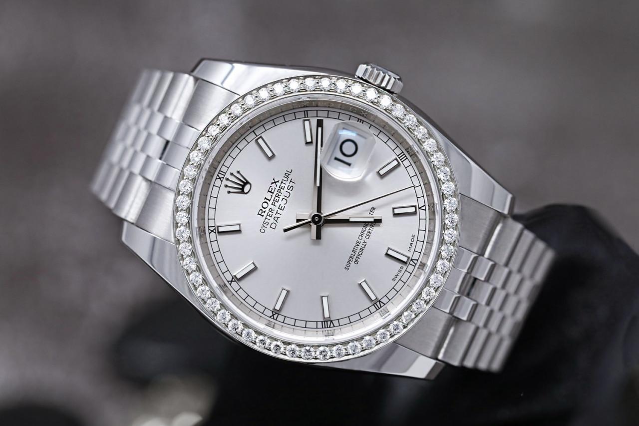 Rolex 36mm Datejust Silver Index Dial with Custom Diamond Bezel Stainless Steel Jubilee Hidden Clasp 116234. 

This watch is in perfect condition. It has been polished, professionally serviced and has no visible scratches or blemishes. Great option