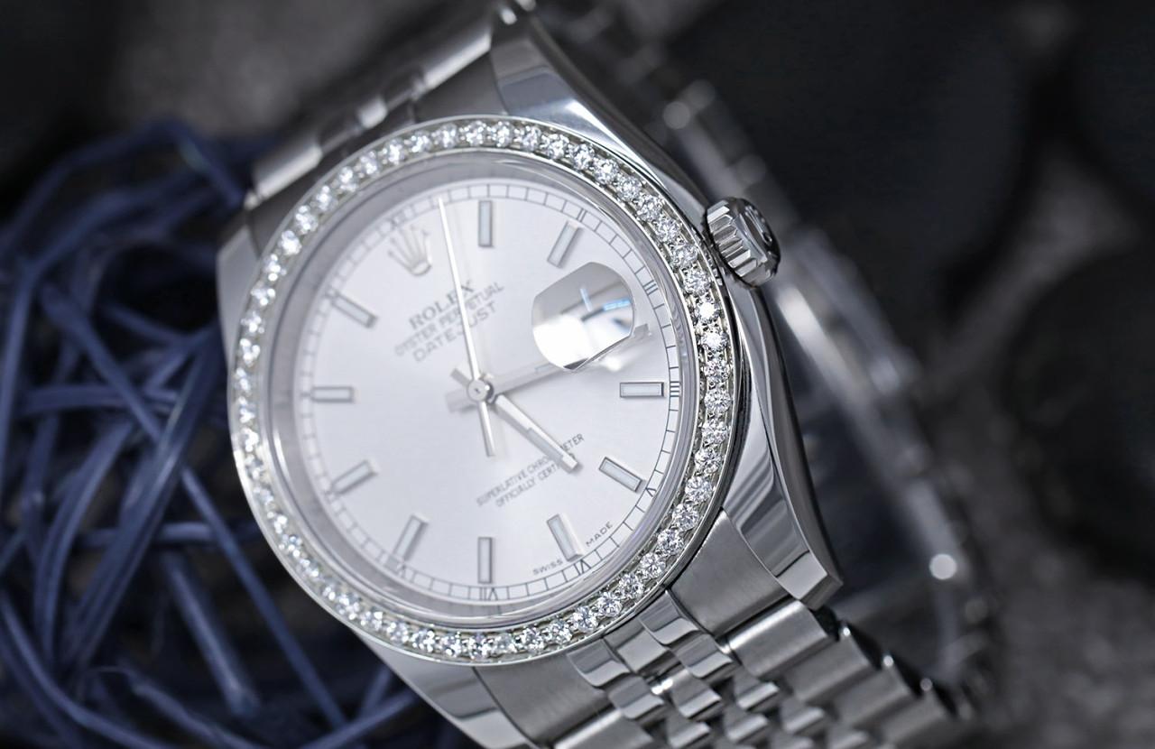 Round Cut Rolex 36mm Datejust S/S Silver Index Dial with Custom Diamond Bezel Watch For Sale