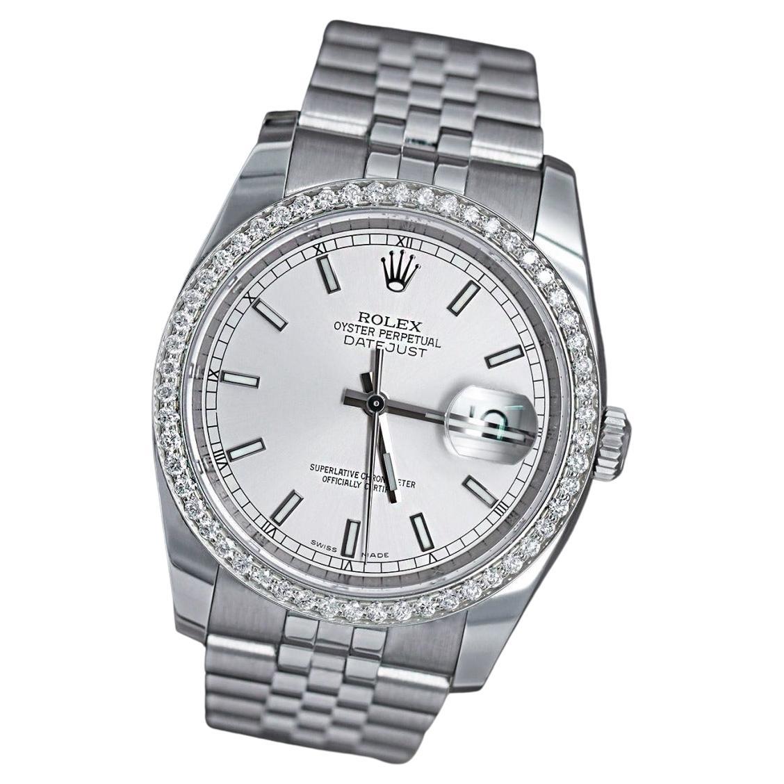 Rolex 36mm Datejust S/S Silver Index Dial with Custom Diamond Bezel Watch For Sale