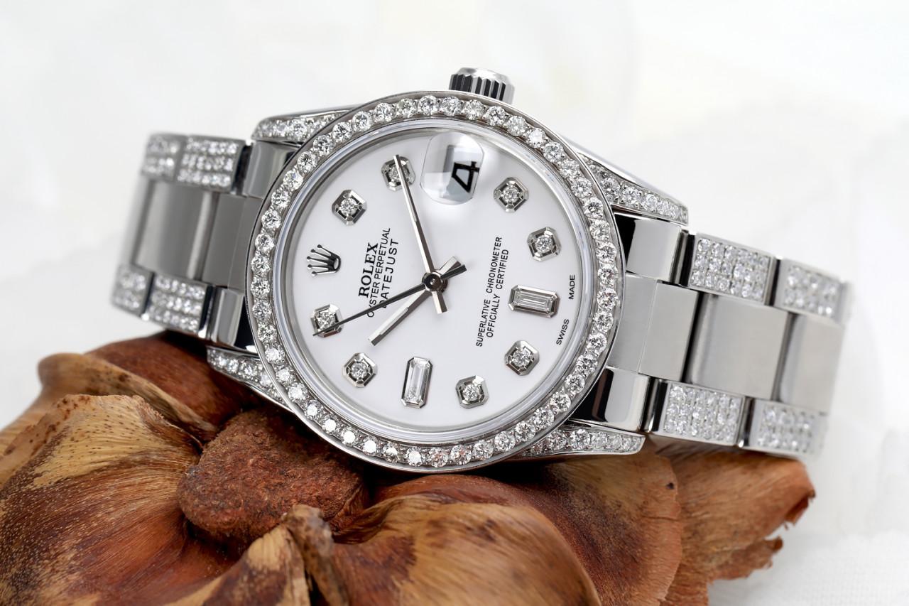 Taille ronde Rolex Montre Oyster Datejust avec cadran baguette et diamants blancs, 36 mm, 16014 en vente