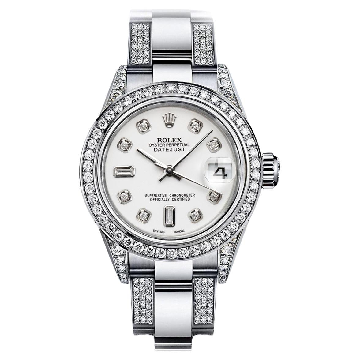 Rolex 36mm Datejust S/S White Diamond Dial Baguette Oyster Watch 16014 For Sale