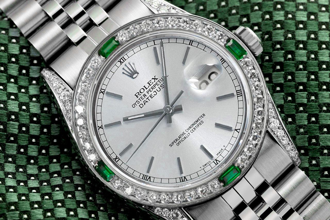 Rolex 36mm Datejust Silver Dial Diamond Lugs Emerald & Diamond Bezel Steel Watch

We take great pride in presenting this timepiece, which is in impeccable condition, having undergone professional polishing and servicing to maintain its pristine