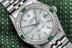 Rolex Datejust Silver Dial Diamond Lugs Emerald & Diamond Bezel Steel Watch