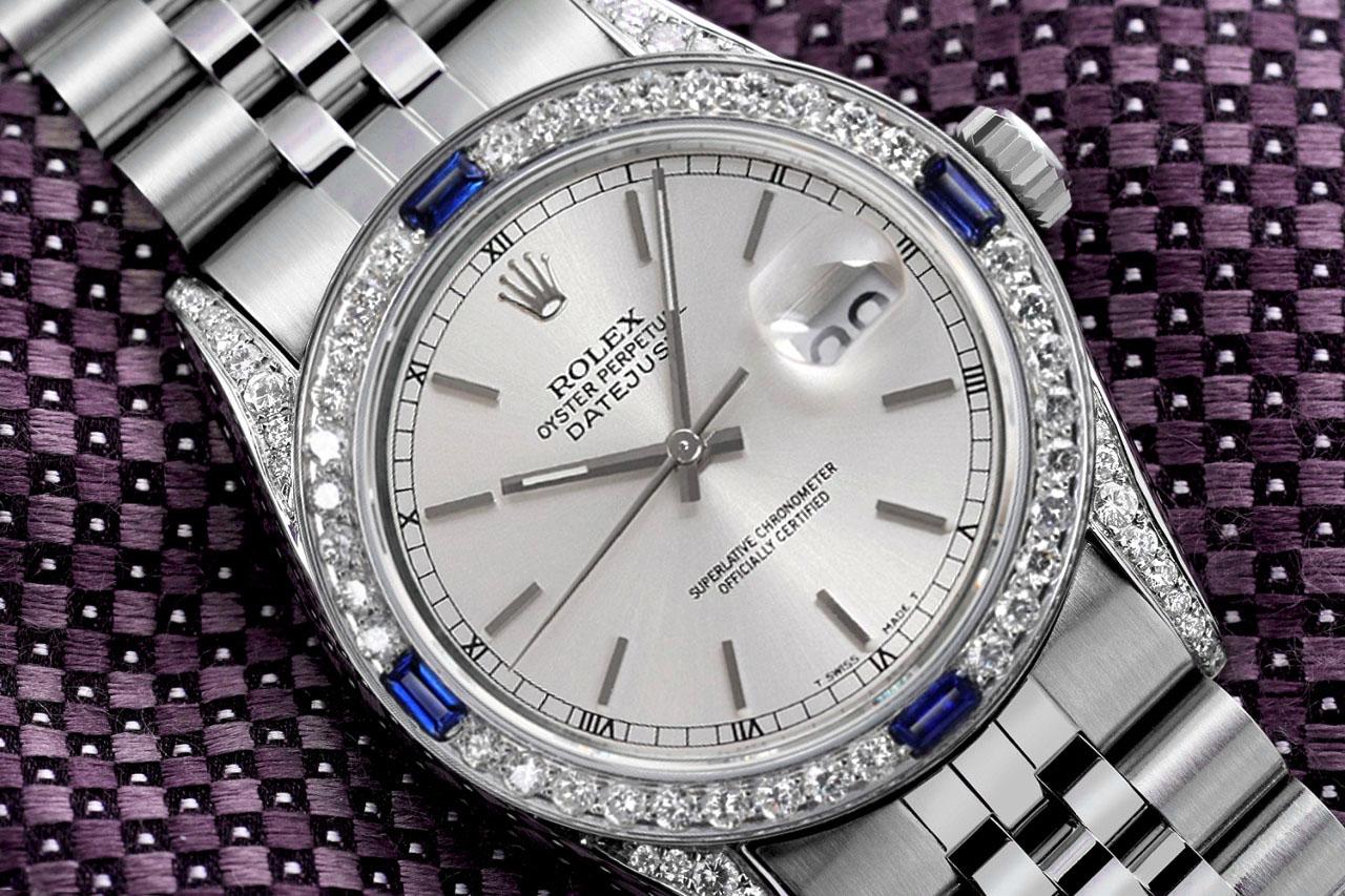 Round Cut Rolex Datejust Silver Dial Diamond Lugs + Sapphire & Diamond Bezel Watch For Sale