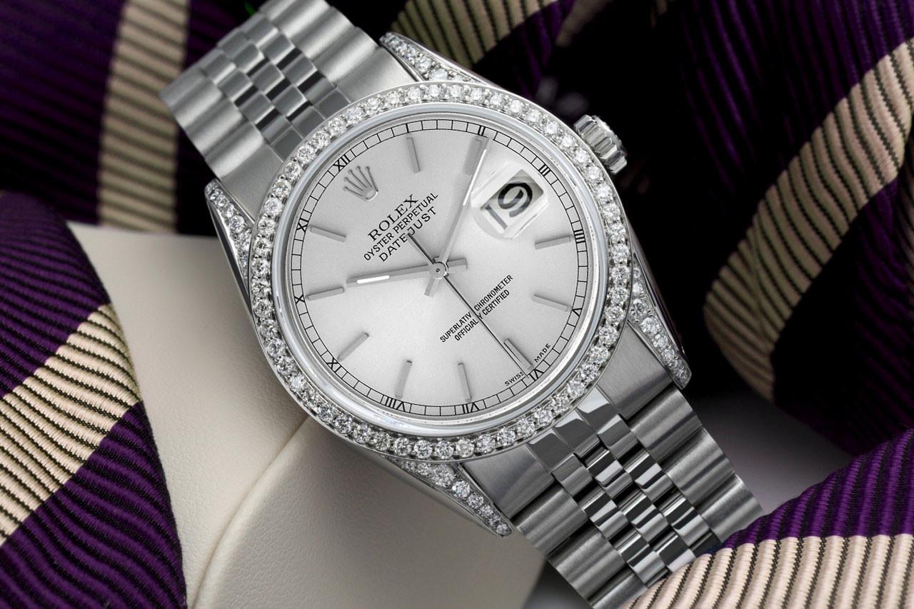 Rolex Datejust Silver Dial Stainless Steel Jubilee Watch Diamond Bezel/Lugs In Excellent Condition For Sale In New York, NY