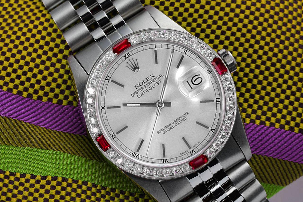 Round Cut Rolex Datejust Silver Dial with Ruby and Diamond Bezel Steel Watch For Sale