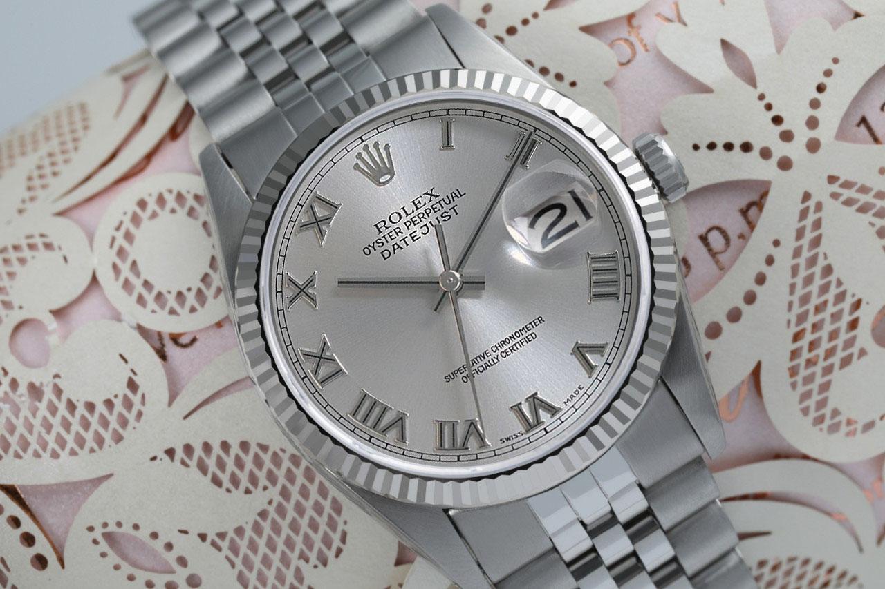 Rolex 36mm Datejust Silber-Edelstahl-Uhr mit geriffelter Lünette (Rundschliff) im Angebot